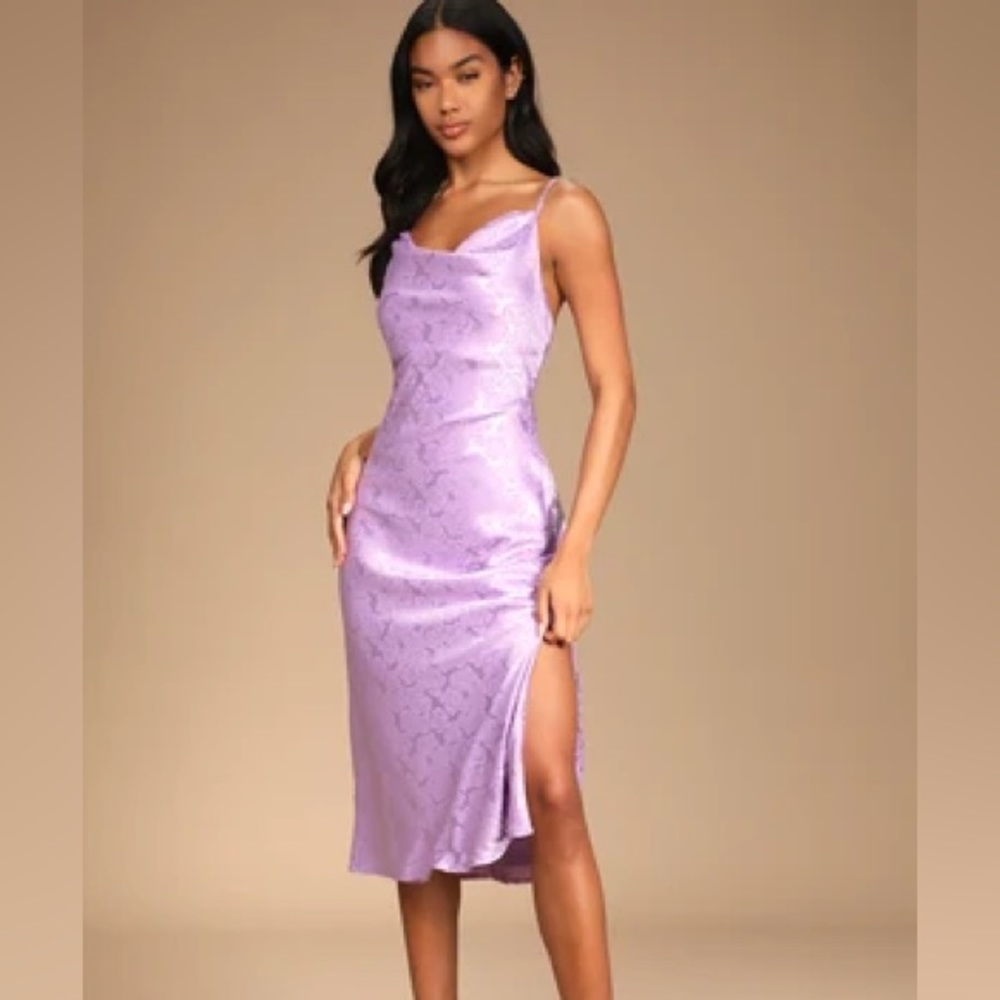 Purple satin palm print slip dress. Size M